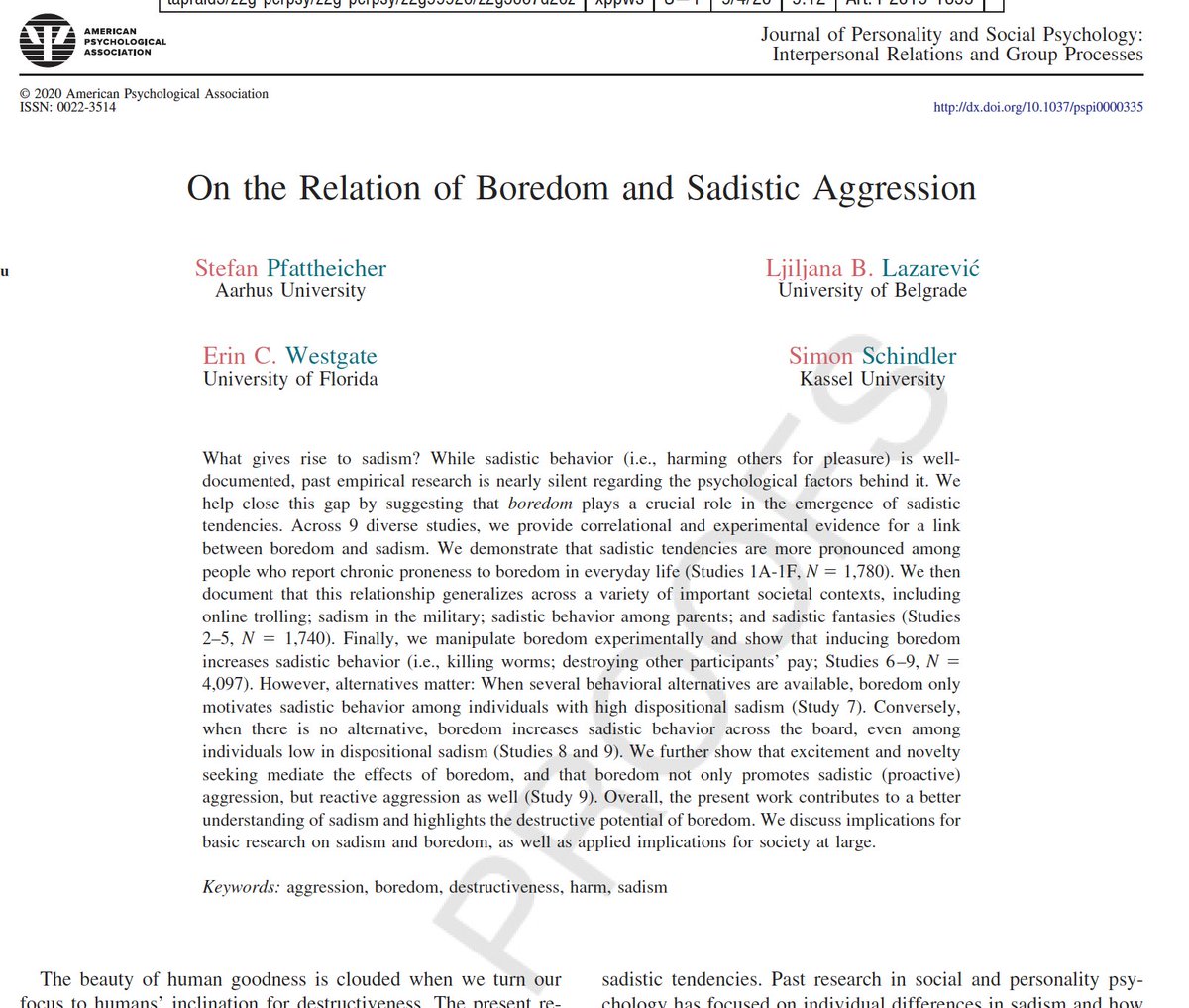 *Very* excited to finally share these results! Across 15 studies and over 7000 participants, we find boredom causes sadistic behavior. Now in press at JPSP. https://psyarxiv.com/r67xg/ Many thanks to Stefan,  @Lili_Lazarevic, & Simon for including me in this project! 1/n