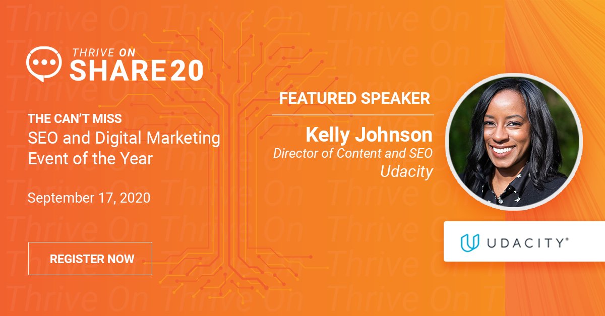 brightedge's tweet photo. Up next: We've got Kelly Johnson from @Udacity joining us to Thrive ON at Share20. Join our virtual marketing event on September 17 to listen in on how Udacity remains thriving in SEO while search trends continue to change. https://t.co/oGCZ3YZo6w #Share20 #ThriveON @KellyMJ32 https://t.co/dFHdY3tew4