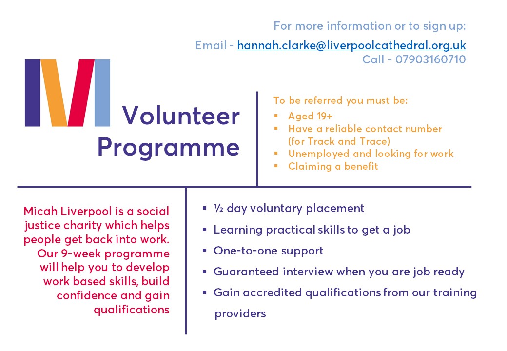 MicahVolProg's tweet photo. Unemployed and looking for work? @MicahLiverpool's Volunteer Programme starts from Monday 5th October. Interested? Please email hannah.clarke@liverpoolcathedral.org.uk #unemployment #liverpool #employability #recruitability #training #jobs #skills https://t.co/iKJJ5DCN2R