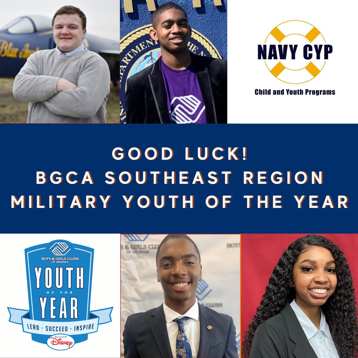 NavyCYP's tweet photo. Good luck to Tobey P. of @NSA_MidSouth, Jeremiah H. of @mwrnasjrbnola, Marlon G. of @mwrkingsbay, and Jaidyn J. of @NNSYNews as they participate in the @BGCA_Clubs Southeast Region Military Youth of the Year Celebration today!!! #MYOY #GoNavy @CNICHQ https://t.co/30e60LWGMu