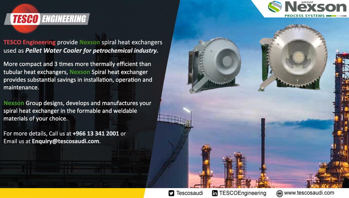 Tescosaudi's tweet photo. #TESCOEngineering provide #Nexson #SpiralHeatExchangers used as #PelletWaterCooler for petrochemical industry.
For more details, call us at +966 13 341 2001 or visit our website at https://t.co/2DILNaReKe
#petrochemicals #polyolefins #cooler https://t.co/lYwZBJMaIn