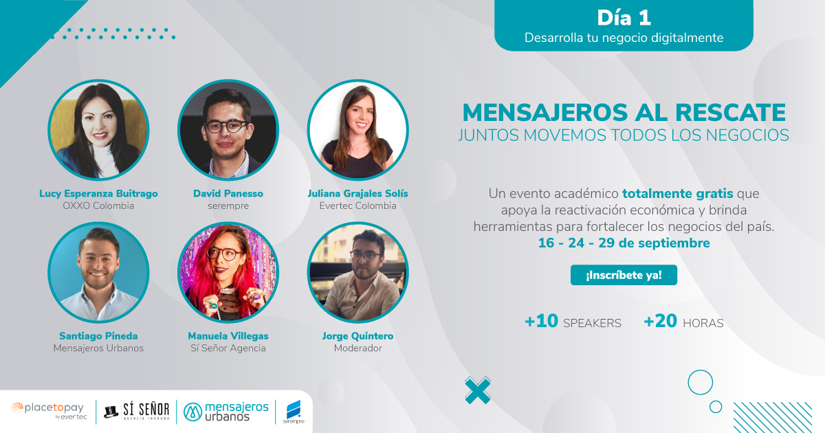 Creamos #MensajerosAlRescate. Un evento virtual de 3 días lleno de charlas académicas, con las que buscamos apoyar la reactivación económica y brindar herramientas a las empresas. Acompáñanos el próximo 16 de septiembre. Regístrate aquí:👉bit.ly/3jQfkwk
¡Te esperamos!