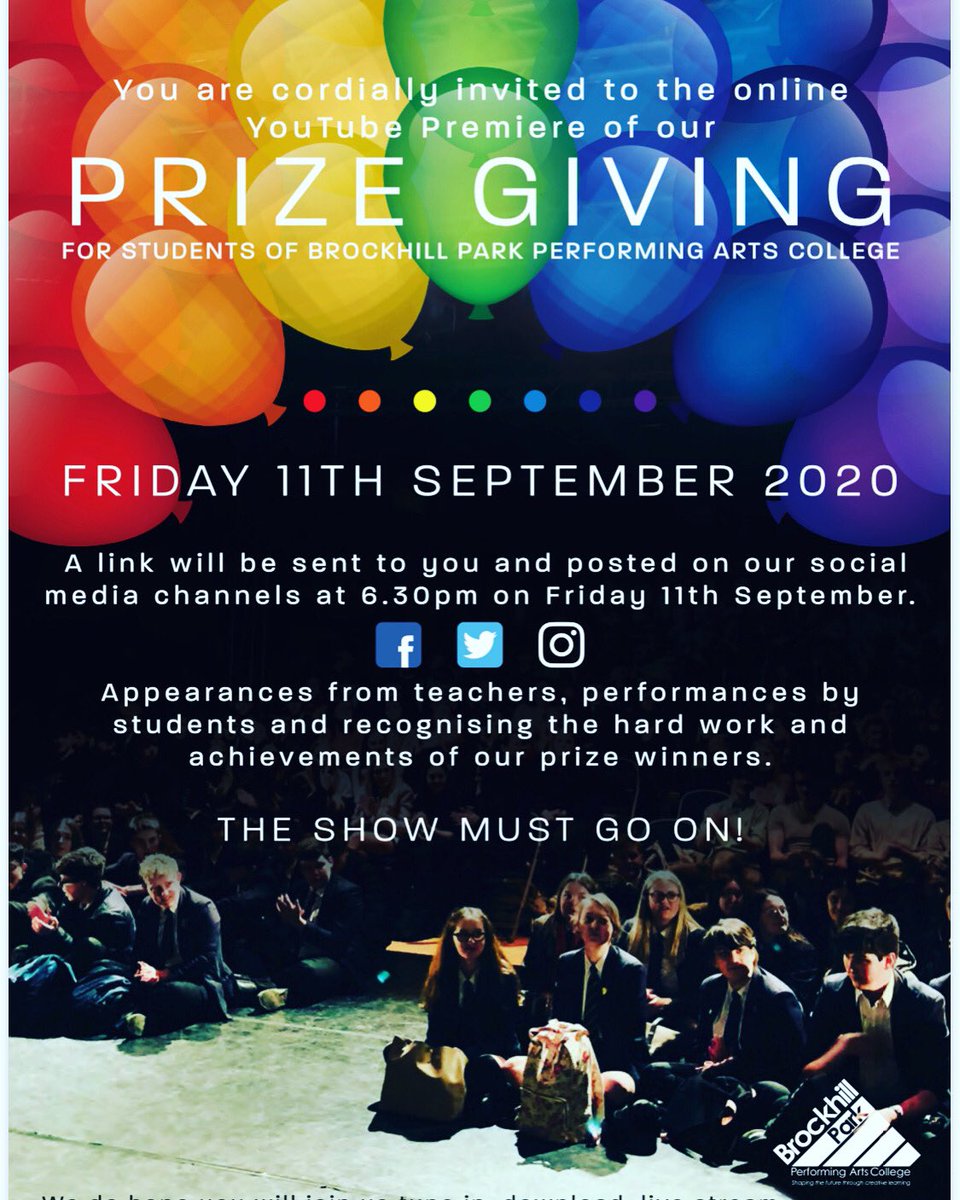 Our virtual Prize Giving will be a YouTube premiere tomorrow evening. A link will be posted here at 6.30pm for a 7pm online start. We really look forward to sharing our students successes with you #TheShowMustGoOn #Prizegiving2020 #TeamBrockhill