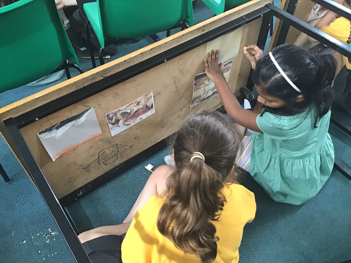 KingfishersMPS's tweet photo. In history we have learnt all about cave paintings and how they show events in the past. We are definitely enjoying making our own on our table cave walls! @MiddletonMPS #artwork #Creative https://t.co/mX6CWEjFOq