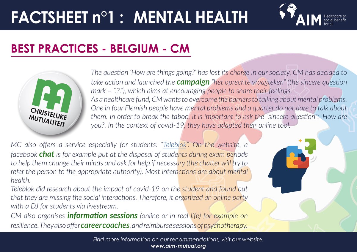 AIM_Healthcare's tweet photo. Our Belgian member .@CMziekenfonds also takes action for better #mentalhealth Find their best practices and our recommendations here: https://t.co/8HtoPFcJ8H #SuicidePreventionDay #WSPD2020 https://t.co/SYPPXYwoEE