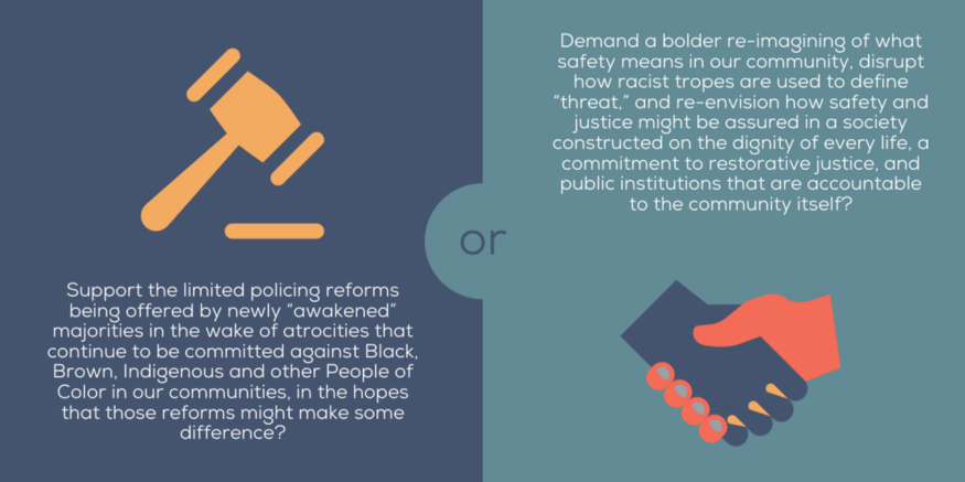 Support limited policing reforms offered by newly “awakened” majorities in hopes those reforms make some difference? Or demand a bolder re-imagining of what safety means, disrupt how racist tropes are used to define “threat,” + re-envision how safety + justice are assured?4/8