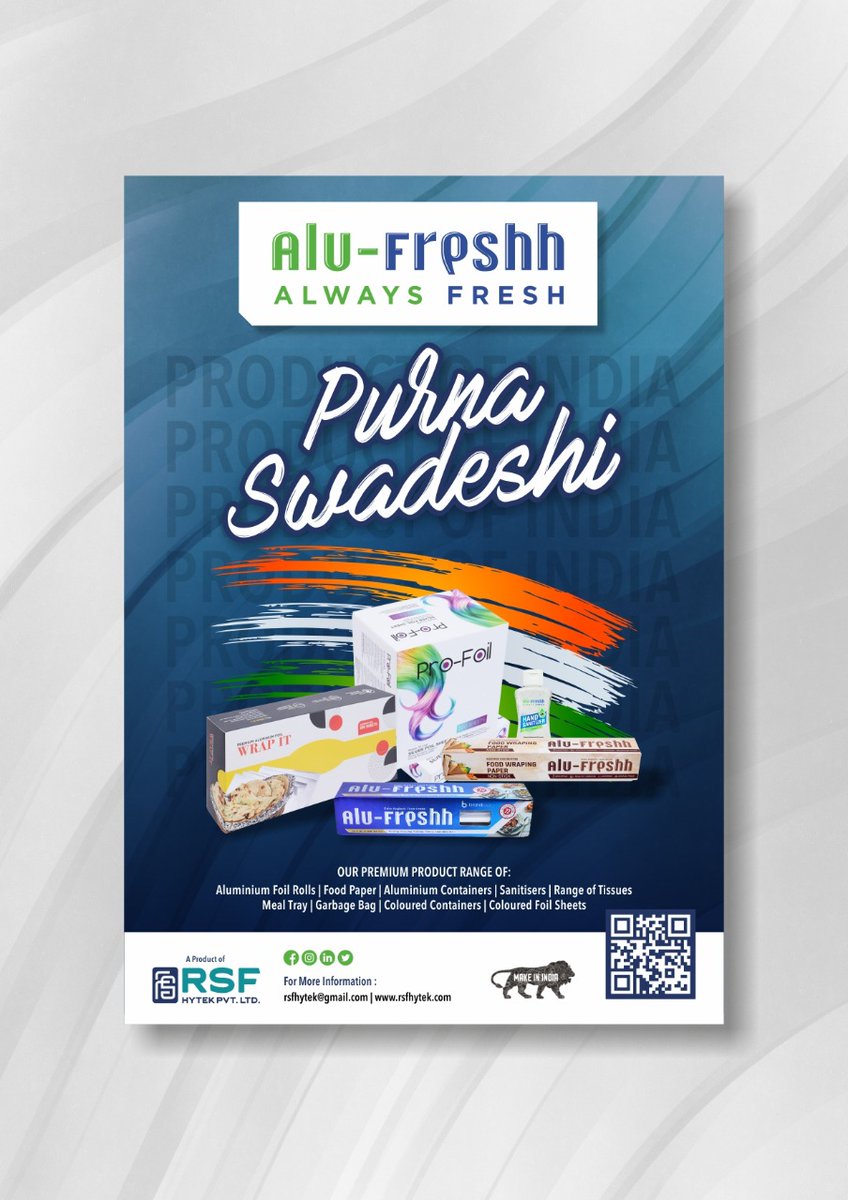 Alu_Freshh's tweet photo. Alu-freshh is proud to be Purna Swadeshi from Raw material to finished good all are made in India, made by India, Made for the world. 

#VocalForLocal #purnaswadeshi #aatma
#Aatmanirbhar #IndianEconomy #localbanegaglobal #Global #exports #FMCG #Quality #bestfromwest https://t.co/yZ0EmxddrA