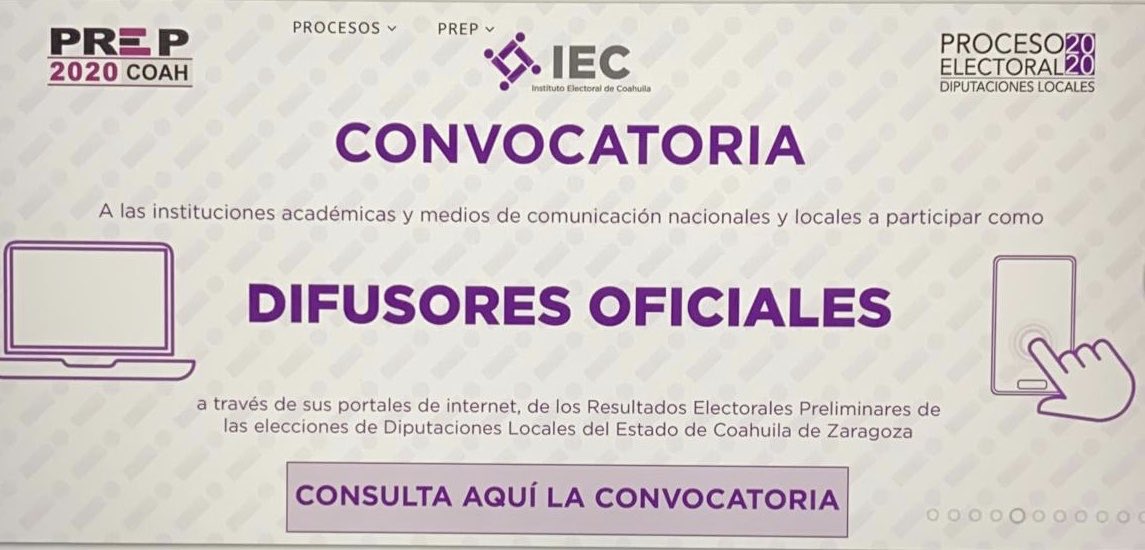 IECoahuila's tweet photo. Invitamos a instituciones académicas y medios de comunicación locales y nacionales a participar como #DifusoresOficiales de los Resultados Electorales Preliminares de la elección de Diputaciones Locales en #Coahuila Consulta la convocatoria en https://t.co/4NJlWuzmEj https://t.co/fUrS6fQO6f