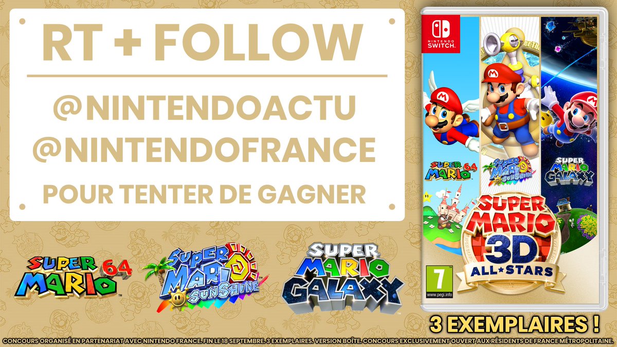 NintendoActu's tweet photo. [CONCOURS] - Follow @NintendoActu et @NintendoFrance + RT + taguez un(e) ami(e) pour tenter de gagner #SuperMario3DAllStars sur Nintendo Switch ! ⭐️☀️🌟
🎁 3 jeux à gagner ! 
Fin le 18/09. https://t.co/H0fJevuQ72