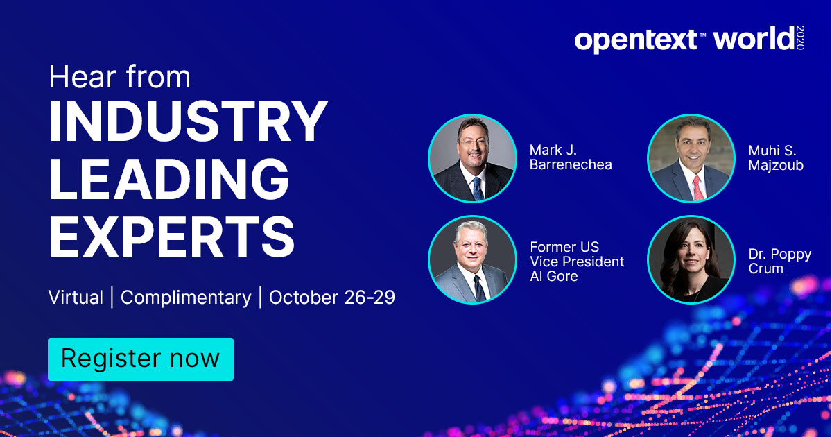 Honored to be joining an incredible line-up of speakers <a href="/OpenText/">OpenText</a> World. OpenText’s @MarkBarrenechea, former US VP <a href="/AlGore/">Al Gore</a> and Neuroscientist/Technologist <a href="/PoppyCrum/">Poppy Crum</a>. 

It’s going to be a truly inspiring and thought-provoking #OpenTextWorld. learn more:
 
bit.ly/3k3GZtV