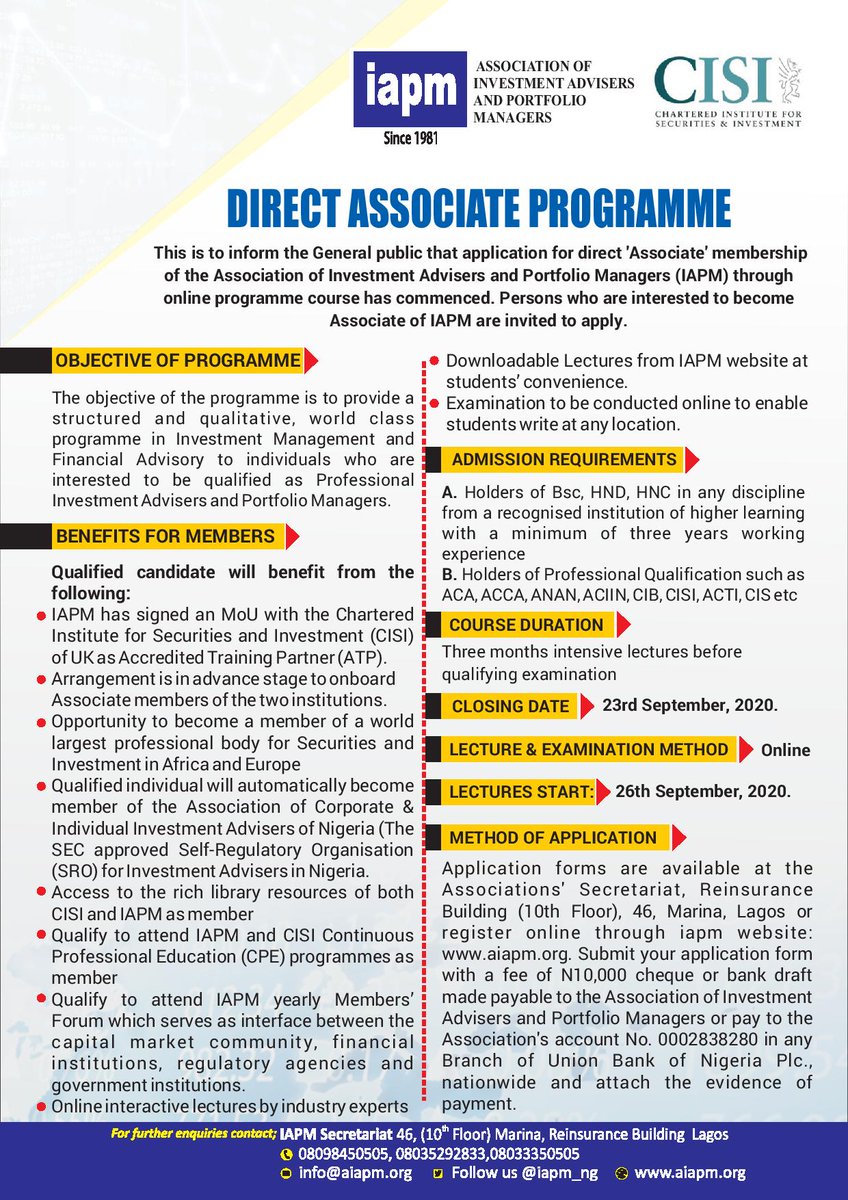 iapm_NG's tweet photo. Lectures for IAPM Direct Associate Programme starts: 26th September, 2020. Register Now https://t.co/uVNhajOIoN