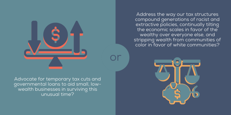 Advocate for temp. tax cuts + governmental loans to aid small, low-wealth biz in surviving this time? Or address the way our tax structures compound generations of racist + extractive policies, continually tilting economic scales, stripping wealth from communities of color?5/8