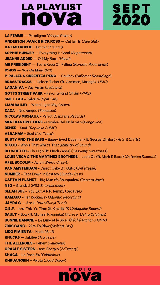 RuddyAboab's tweet photo. Here is the @laRadioNova September 's playlist 
Welcome to the newcomers 
@lafemmeressort @AndersonPaak
@RickRoss @CTricatel @SophieHunger
@jeanne_added @YannIchon
@brasstrack @gottsstreetpark @LiamBailey
@secousseworld @NicolasMichaux
@meridianbrother @BENEEMUSIC https://t.co/wSABiewyOL