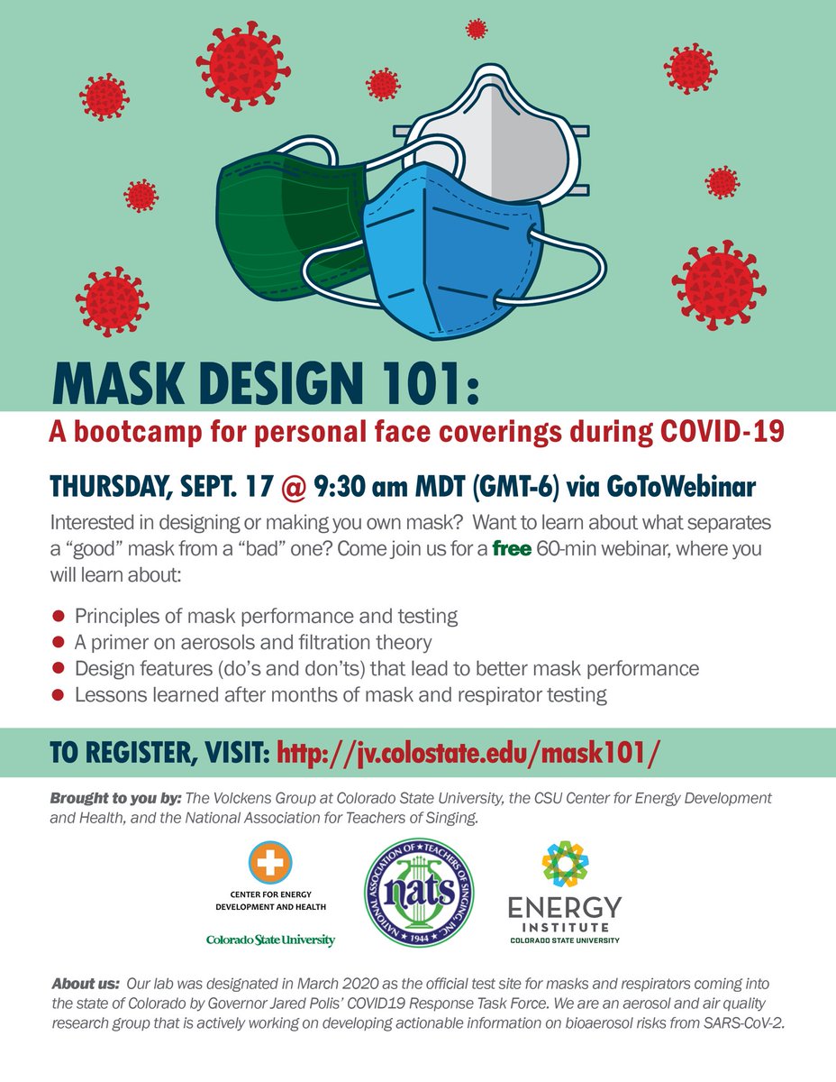 Smogdr's tweet photo. Given all the interest in masks and aerosols, my group will host a free 90min webinar on mask design and performance for #COVID19 next week. Please spread the word!

WHEN: 17 Sep, 9:30 MT (GMT-6)

Sign up below (free but registration required). 👇🏻 
https://t.co/ISeCZfCB2u https://t.co/YaNDkTCwn7