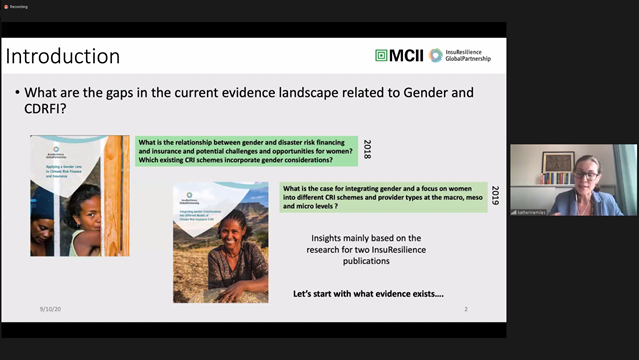 _MCII_'s tweet photo. #EvidenceRoadmap - building on work done for @InsuResilience, @katherinesmiles discusses evidence around gender and climate and disaster risk finance #drf. "Overwhelmingly climate change impacts for women and men can differ..." https://t.co/eKv12RoiBq