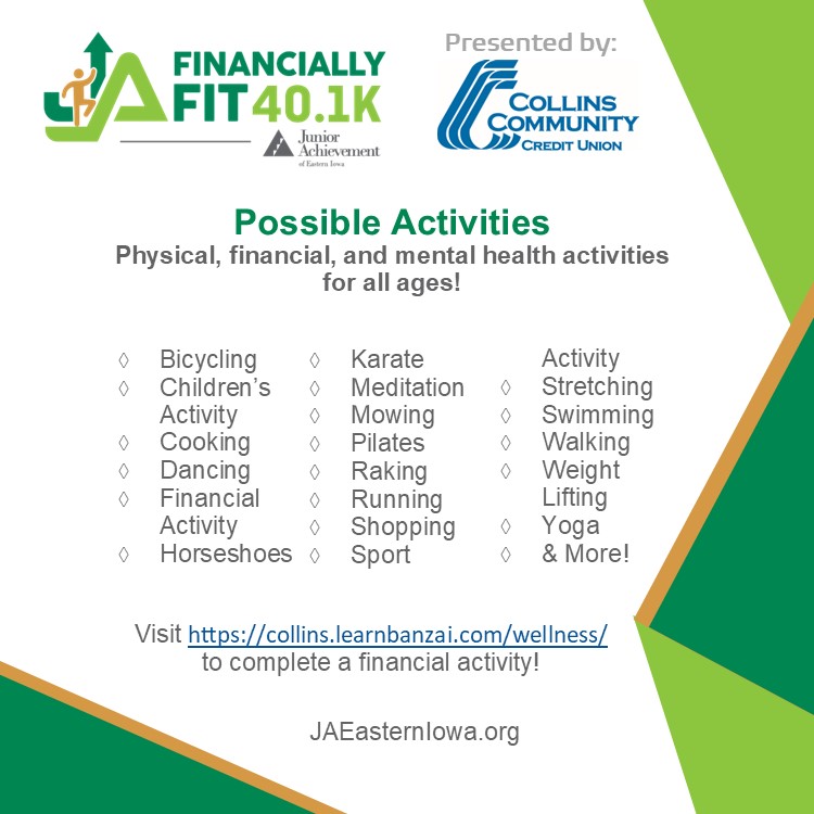 JAEasternIowa's tweet photo. Hey hey what do you say, sign up for the race today! We are ONE WEEK out from the JA Financially Fit 40.1k virtual race presented by,  @CollinsCCU 

Sign up today and get your friends to join in on the fun too. Visit: https://t.co/JkVnnBSI8f https://t.co/E0evW6THet