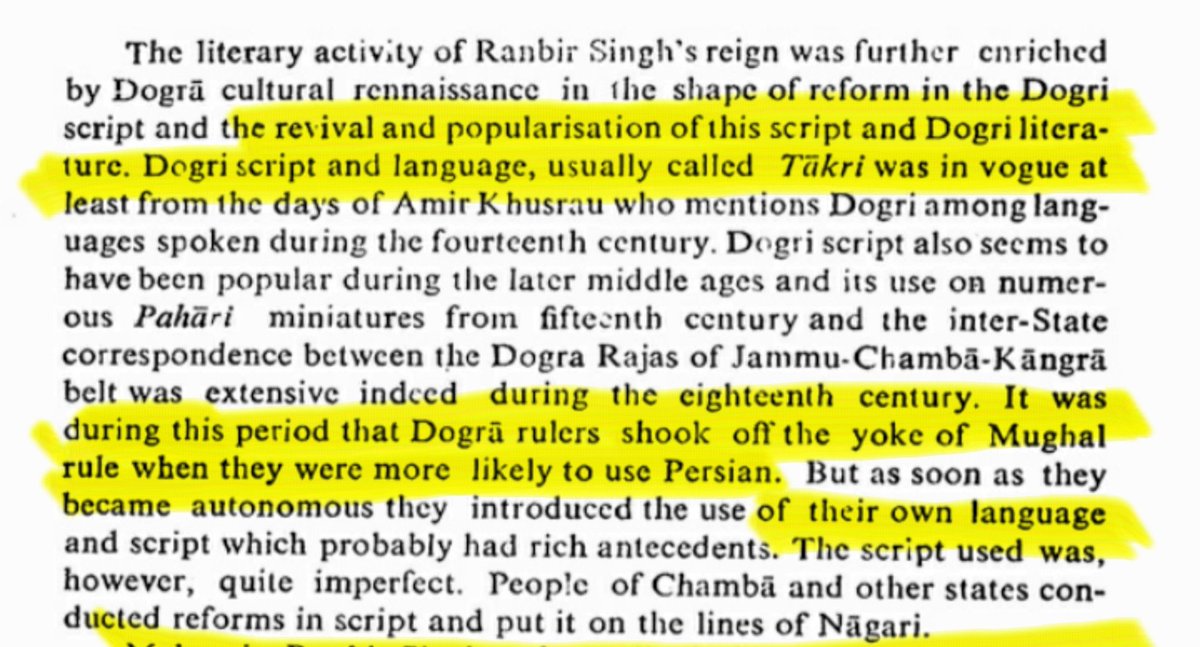 For the revival of Dogri language and literature, Dogri script i.e. Takri script was also popularised and improved by scholars at Jammu court.The aim was to shook off the yoke of Mughal rule and popularise use of own language & script during self rule