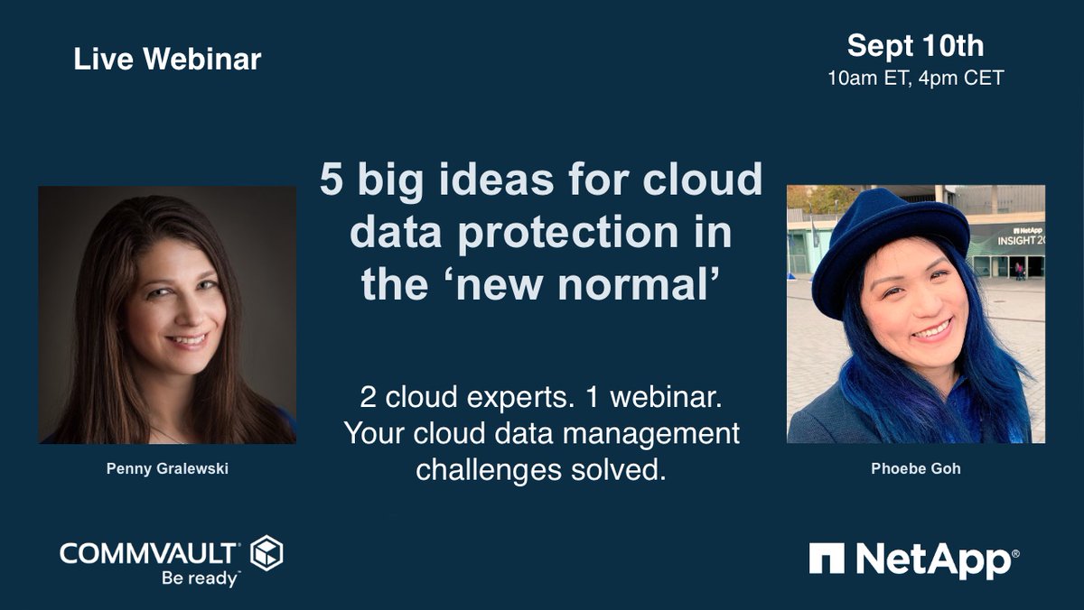 Commvault's tweet photo. And we're off! @NigelTozer @virtualpenny & @phoebegoh from @NetAppPartners are answering the most pressing #cloud #dataprotection questions in today's #livewebinar. Tune in: https://t.co/N9Oq0shuPV https://t.co/0R2E6w2O4W