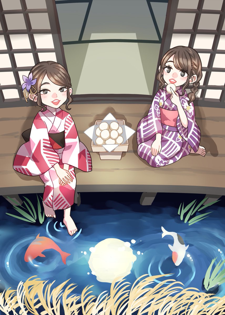 Run るん お月見のイラストもありがとうございました お月様を見上げるお2人を描きたくて 水面にお月様を映す形にしてみました 構図についても 浴衣についても 気付いてくださって嬉しかったです キメラのステッカーが届いたら大切に魔除けに