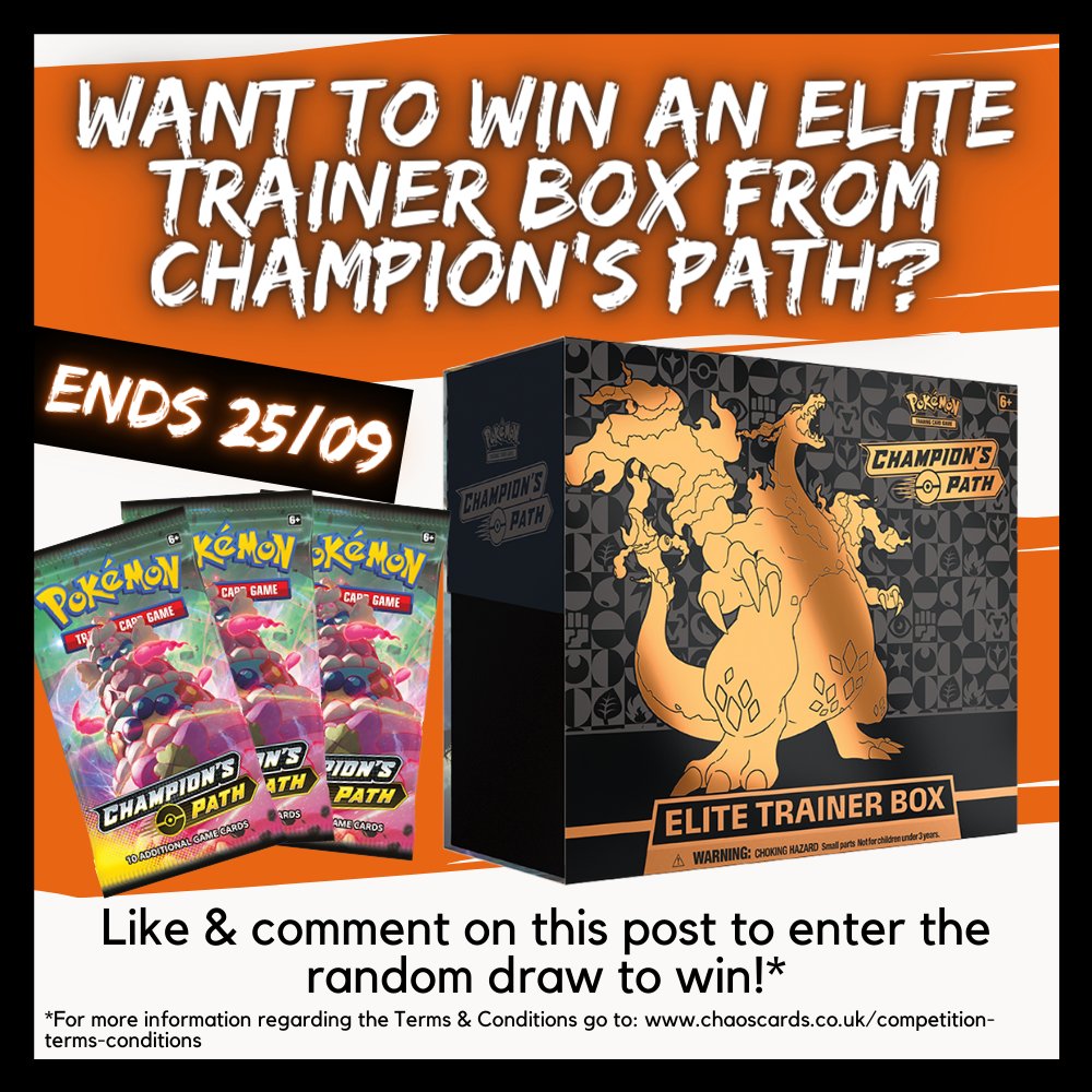 Chaos_Cards's tweet photo. We're giving one of you the chance to win a Elite Trainer Box from Champion's Path! All you've got to do is Like and Comment on this post! 

This post is also on Facebook &amp; Instagram, so be sure to like and comment on those too to increase your chances of winning!

Good luck! 😜 https://t.co/PMn4HaSSc5