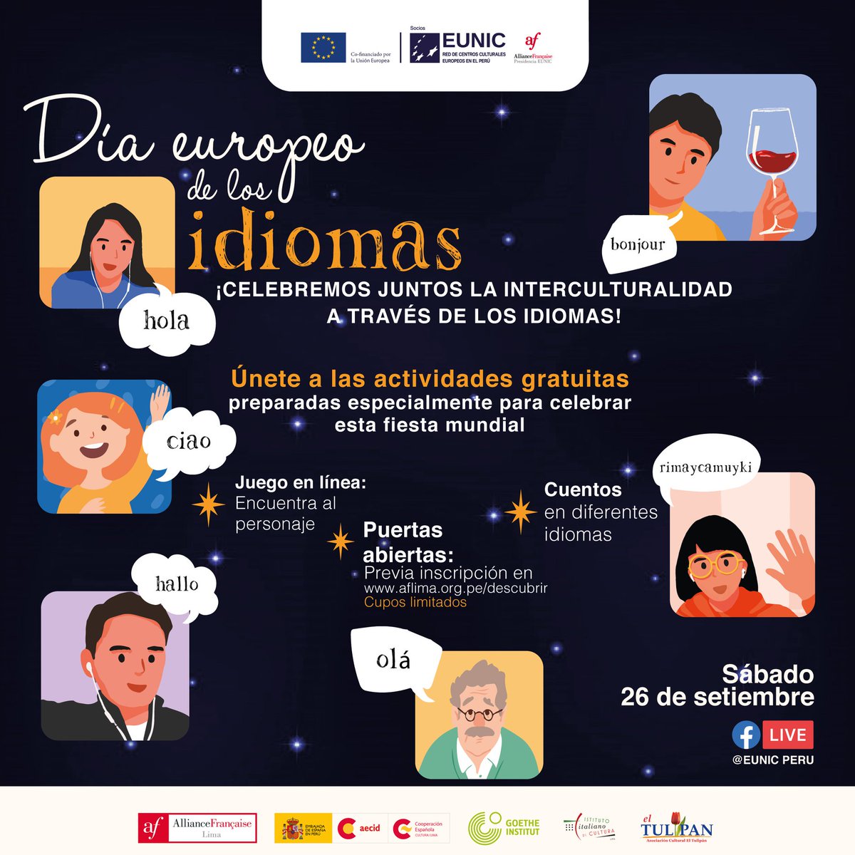 AF_Trujillo1's tweet photo. #AlianzaFrancesa @UEenPeru y @eunicperu se unen a las celebraciones por el Día Europeo de los idiomas, que se llevarán a cabo de manera virtual, gratuita y se difundirá en nuestras redes sociales.
Programación ➡https://t.co/UJvs3zS2rE
#DiaInternacionalDeLosIdiomas #AF130ans https://t.co/YiZpML2eWU