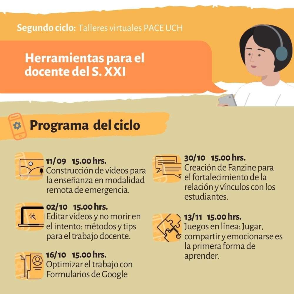 INDEP_DAEM's tweet photo. [#CapacitaciónDocente] Este viernes 11/sept vuelven los #TalleresVirtuales del programa #PaceUCH, enseñando a construir videos para la enseñanza #Gratis. Los interesaos deben inscribirse en https://t.co/SziYVB4gl5 @Duranbaronti @Muni_Indep @ColegioProfes https://t.co/NVXFNKIuUU