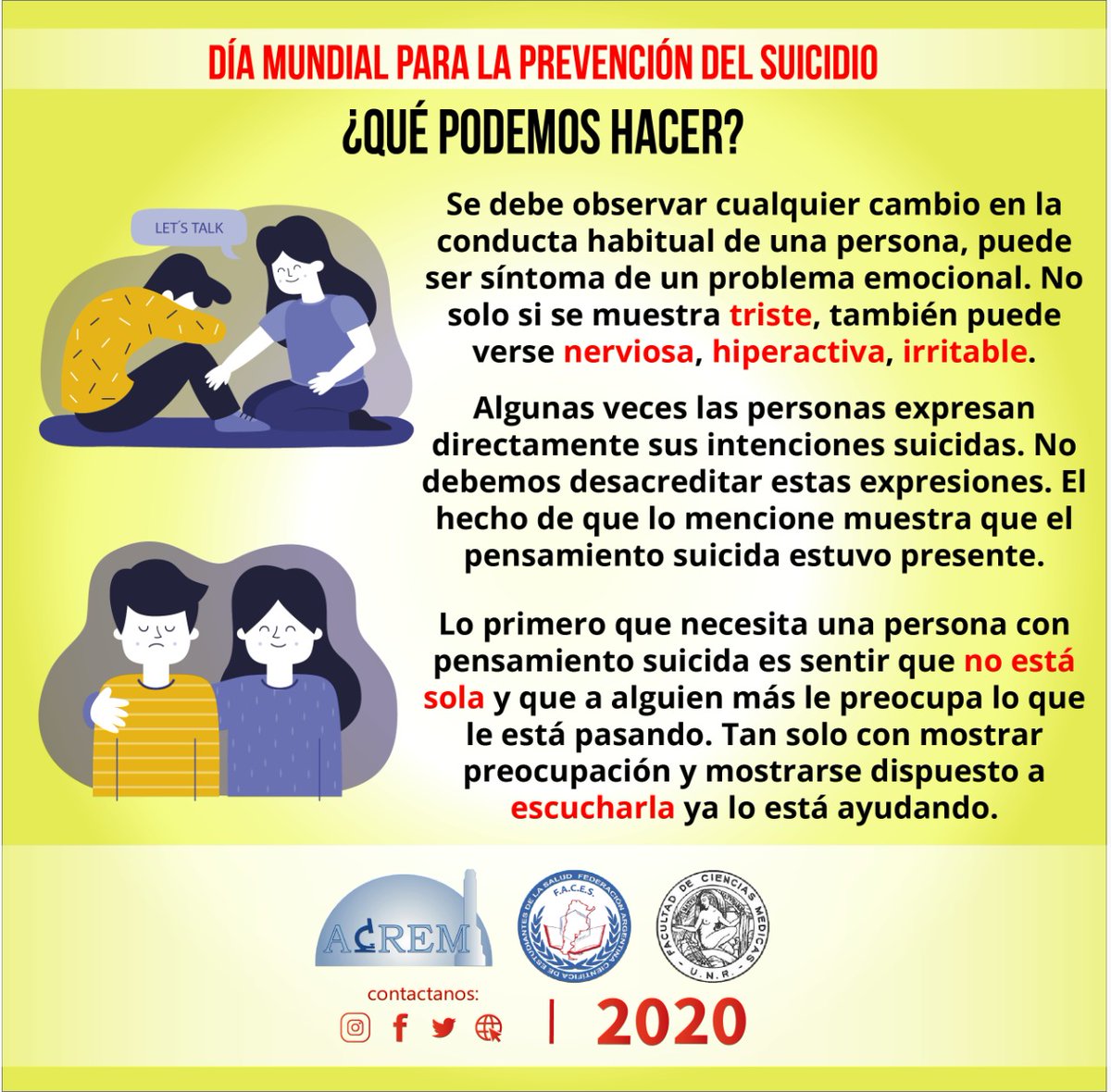 acresrosario's tweet photo. Hoy, se fomentan en todo el mundo compromisos y medidas prácticas para prevenir los suicidios. Cada día hay en promedio casi 3000 personas que ponen fin a su vida, y al menos 20 personas intentan suicidarse por cada una que lo consigue.
#ACREM #Suicidio https://t.co/OZjzLgcikv