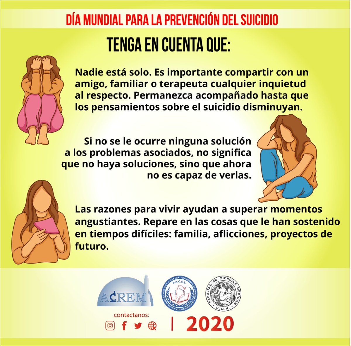 acresrosario's tweet photo. Hoy, se fomentan en todo el mundo compromisos y medidas prácticas para prevenir los suicidios. Cada día hay en promedio casi 3000 personas que ponen fin a su vida, y al menos 20 personas intentan suicidarse por cada una que lo consigue.
#ACREM #Suicidio https://t.co/OZjzLgcikv