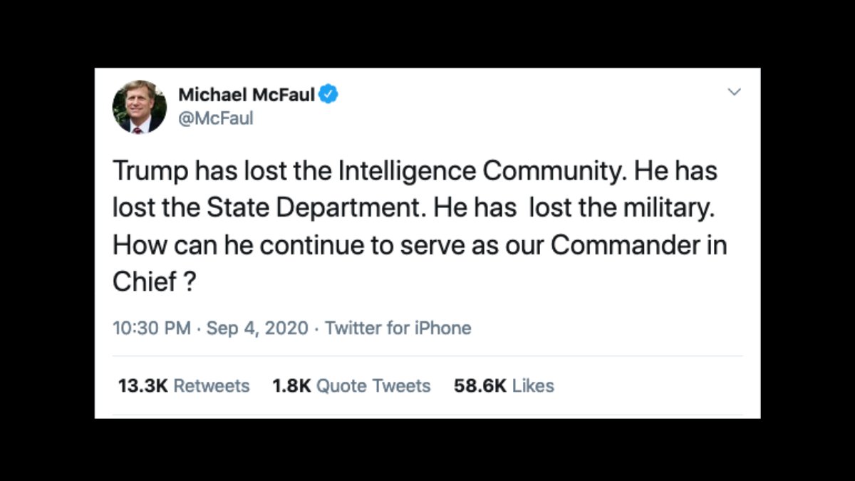 2 of 17.Last Friday, McFaul tweeted that  @realDonaldTrump had "lost" the military and intel community, and was therefore unfit to be President.Apparently McFaul didn't realize how this sounds to normal Americans who don't want spies and generals choosing our presidents.