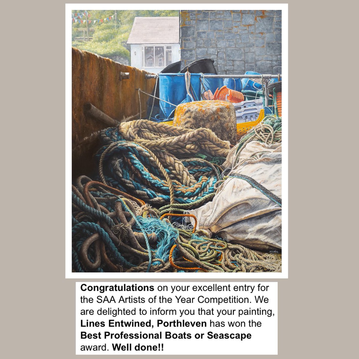 Beyond thrilled &amp; humbled that ‘Lines Entwined, Porthleven’ has won the award for best professional seascape/boat artwork in the <a href="/The_SAA/">SAA - Supporting All Artists</a> Artists of the Year 2020 competition🎉🍾