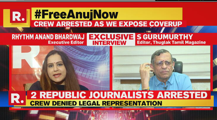 republic's tweet photo. #FreeAnujNow | @sgurumurthy - Editor, Thuglak Tamil Magazine speaks to Executive Editor Rhythm Anand Bhardwaj, condemns Maharashtra govt on the arrest of Republic reporter. 

Watch here - https://t.co/RZHKU3wOei https://t.co/CLyXzPg0qg
