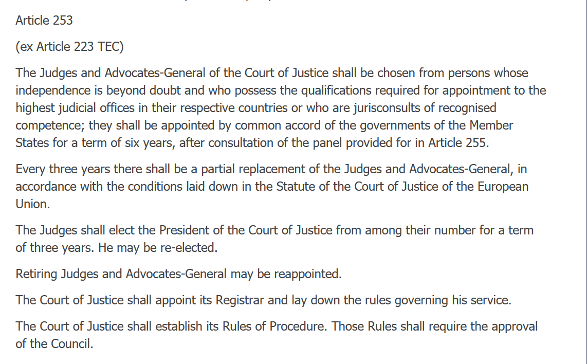 But the dismissal appears to contradict frontally the text of the TEU, which provides clearly that AGs and Judges are appointed "for a term of six years". It does not say "or until governments decide otherwise". 3/