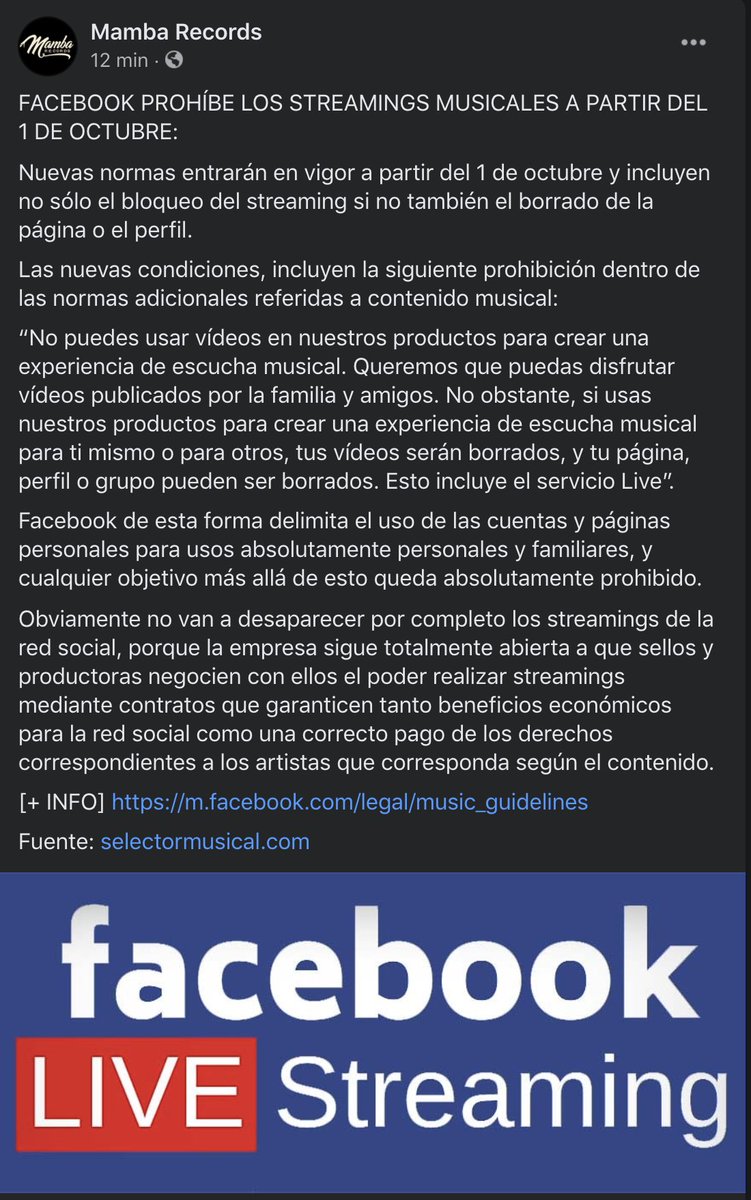A partir del 1 de octubre no se podrá difundir música vía streaming con fines comerciales en Facebook. Nuevas normas entrarán en vigor a partir del 1 de octubre y incluyen no sólo el bloqueo del streaming si no también el borrado de la página o el perfil. #FacebookLive #streaming