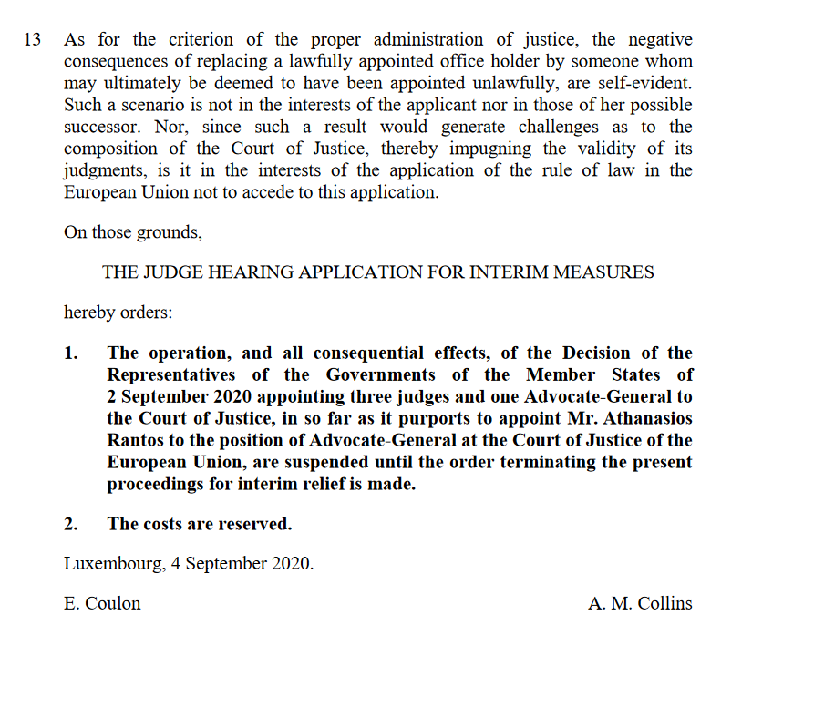 Indeed, the first order issued on the matter, by Judge Collins, rightly recognized the systemic implications of permitting the dismissal of an AG by implication and suspended the operation of the decision pending judgment. 4/ In full:  https://www.brickcourt.co.uk/images/uploads/documents/Interim_Measures_Order_4_Sep_2020.pdf