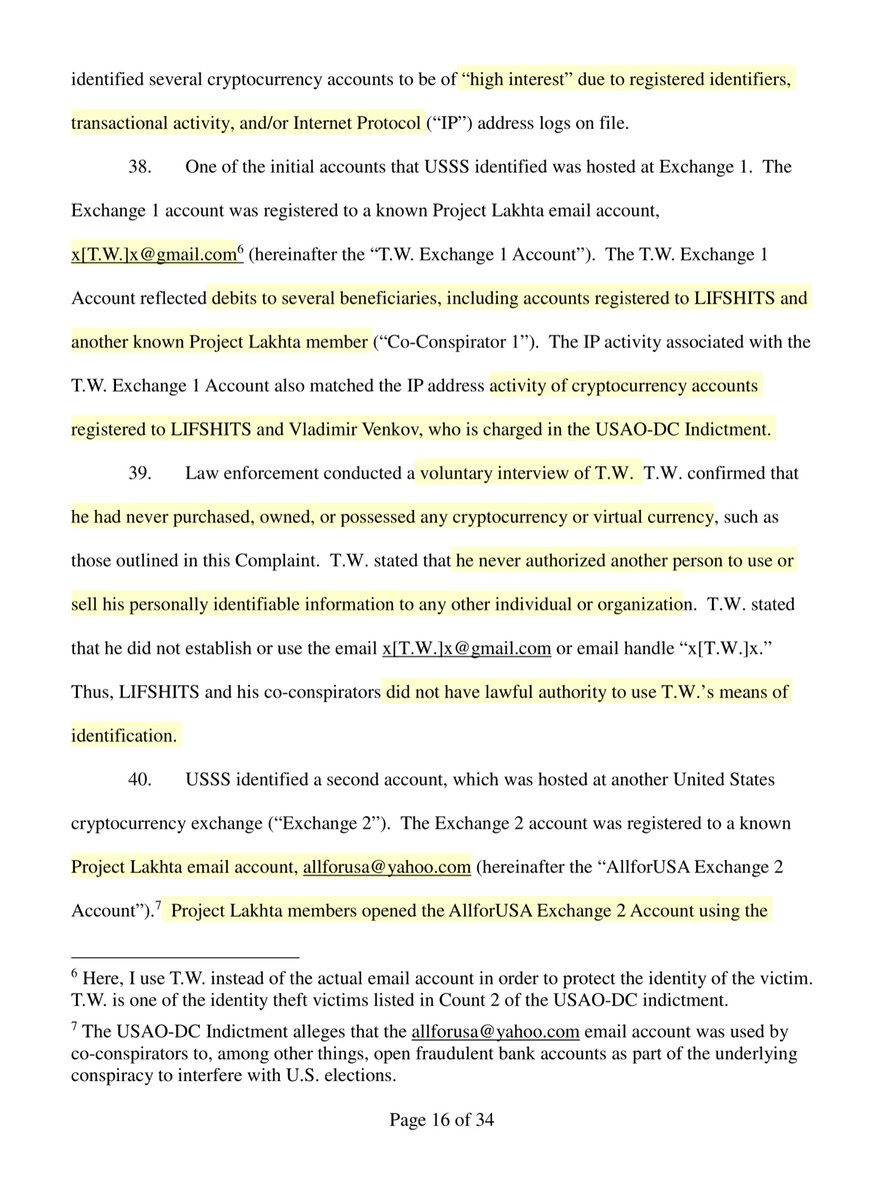 See paragraph 35 concerning the “email burner account(s)” you get that just a few months ago researchers were like that’s “new”“...matched the IP address activity of cryptocurrency accounts registered to LIFSHITS and Vladimir Venkov, who is charged in the USAO-DC Indictment”