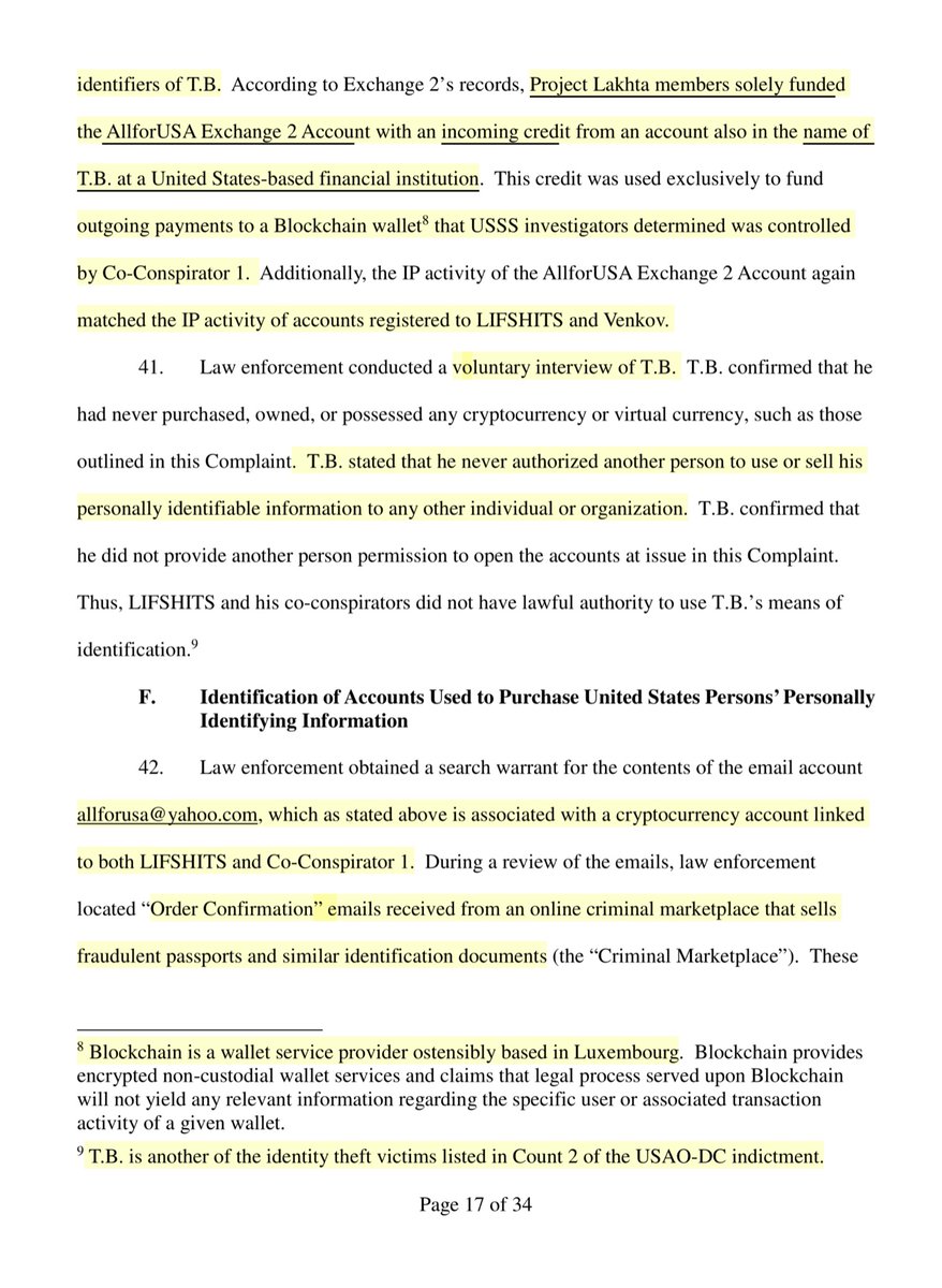 See paragraph 35 concerning the “email burner account(s)” you get that just a few months ago researchers were like that’s “new”“...matched the IP address activity of cryptocurrency accounts registered to LIFSHITS and Vladimir Venkov, who is charged in the USAO-DC Indictment”