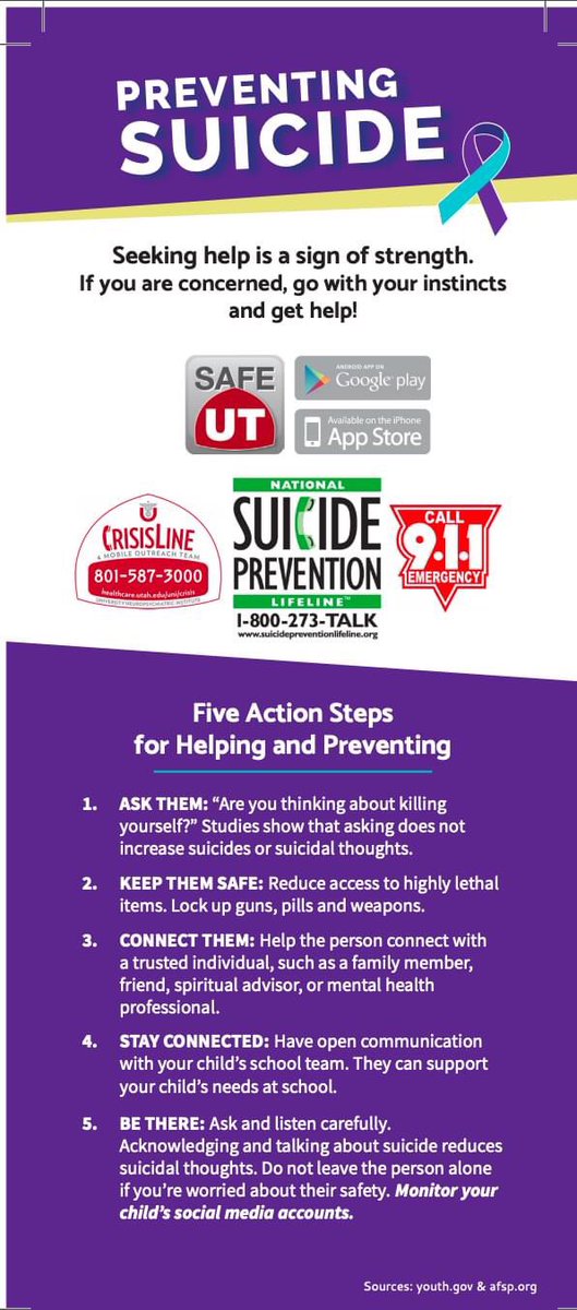 GraniteSchools's tweet photo. This month is National Suicide Prevention Month. 
 
Youth who are contemplating suicide frequently give warning signs. Parents, teachers, and friends are in a key position to pick up on these signs and get help. Never take these warning signs lightly. https://t.co/TnKUSDbVue