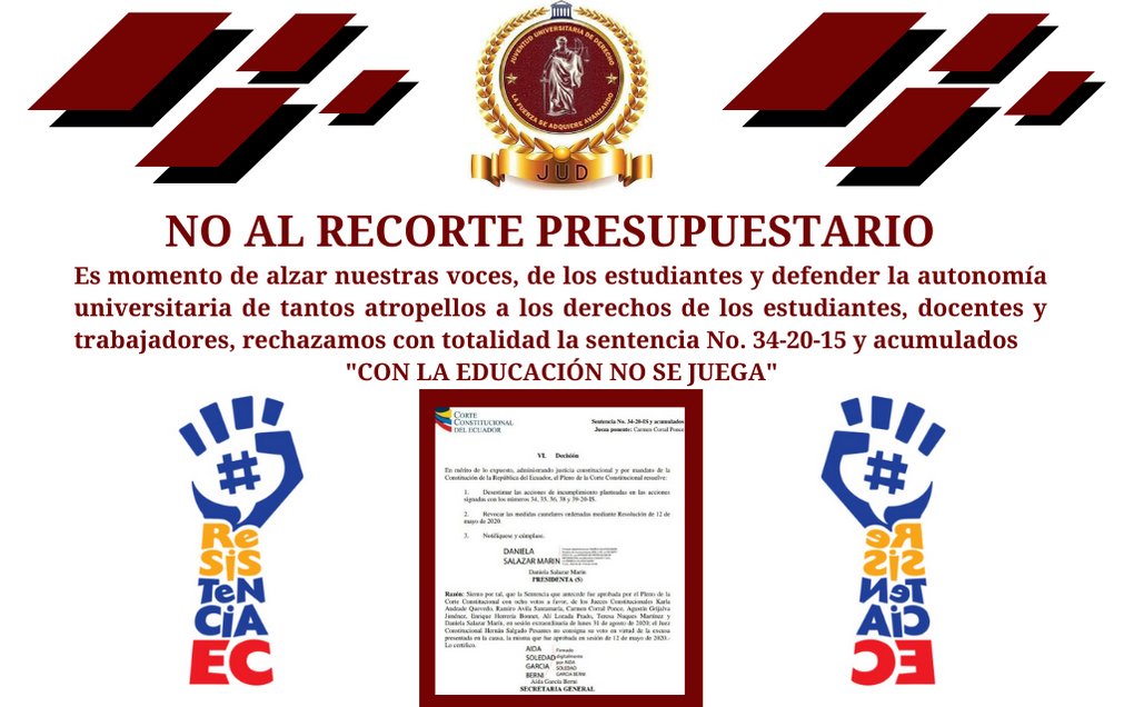 DerechoJuventud's tweet photo. El Movimiento Juventud Universitaria de Derecho, Rechaza el dictamen de la corte constitucional ante el fallo a favor del gobierno y el ministerio de finanzas

La educación es un derecho constitucional el cual ningún juez o mandatario puede vulnerar

#NoAlRecortePresupuestario https://t.co/7Dpp49cZhu