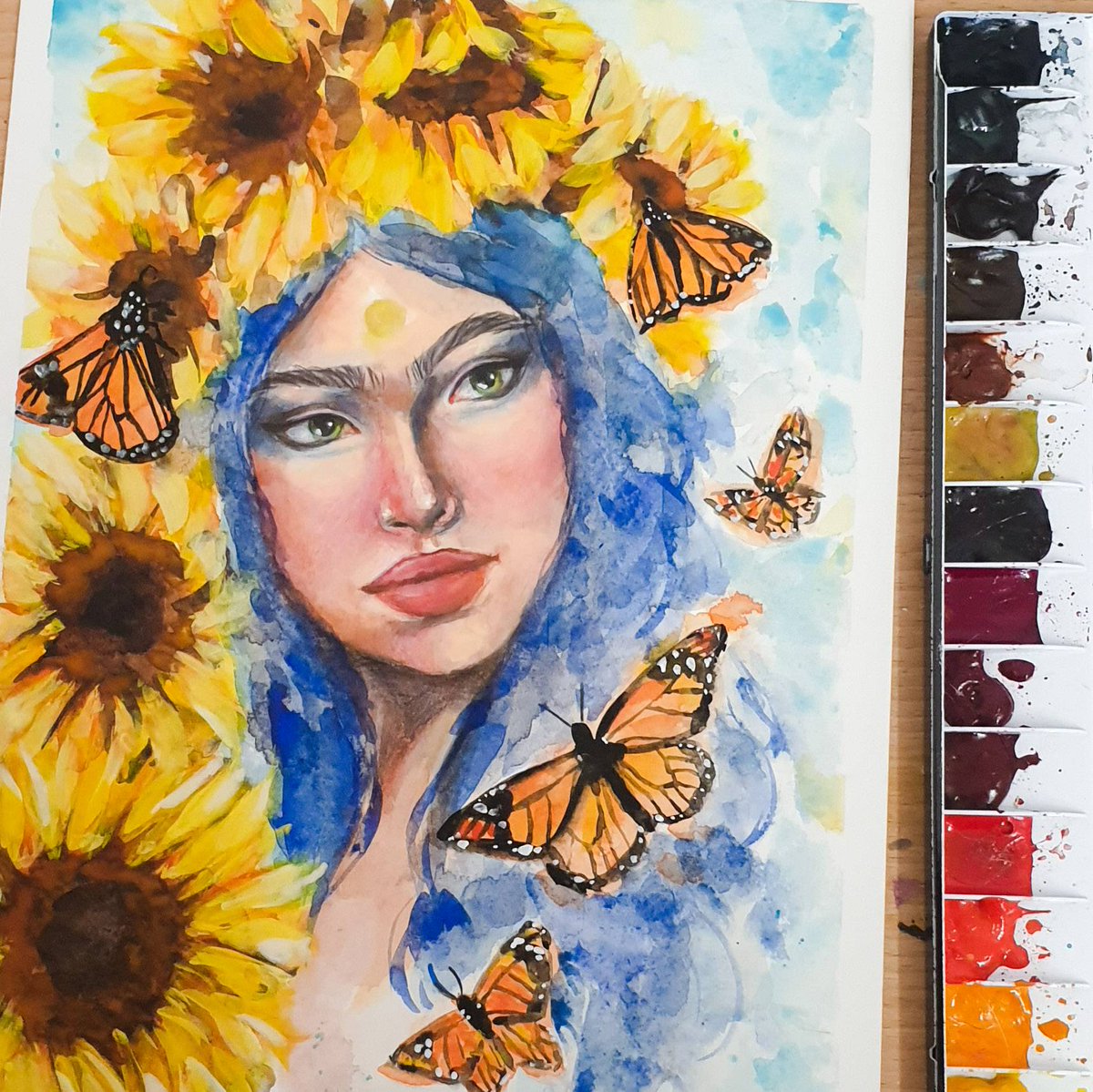 PaintandStars's tweet photo. This is my latest finished piece!! Buzzing with how it turned out especially the sunflowers. The piece is inspired by the story of Helios and the water nymph Clytie! 🌻🌻 this will be available as a print on my shop very soon!! 

#etsyartist #watercolor #greekmythology https://t.co/E5lsWOTuNk
