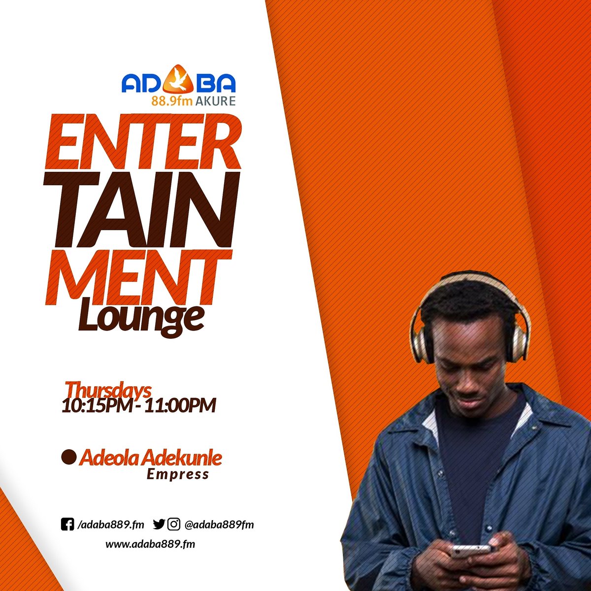 Adaba889fm's tweet photo. It's gonna be entertainment  #backtoback on #entertainmentlounge tonight with @empress_adeola 
Don't miss it 🎶🎶💃
#staytuned 
#adabafm 
#adaba 
#adaba889fm 
#adabaprogramme https://t.co/cMxJUM23ar