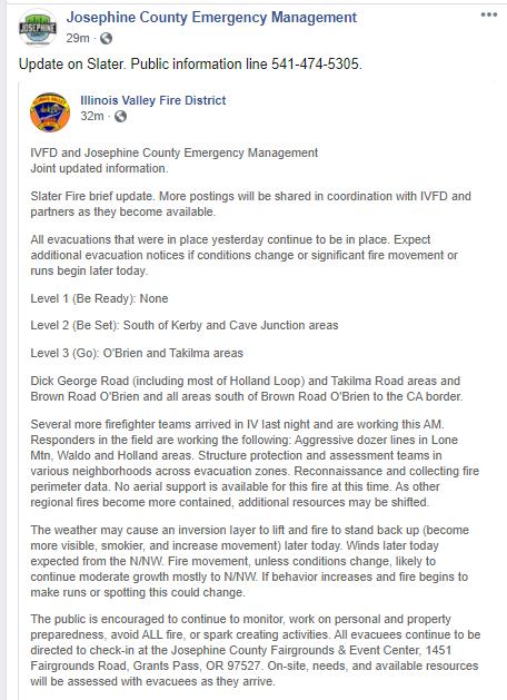 CEDRdigital's tweet photo. Update on #SlaterFire in #Josephine County as of 10:30am
No change in evacuation orders
If you're Level 2 or Level 1 please pack and be prepared to evacuation.
#CaveJunction https://t.co/yMrWILlGEH