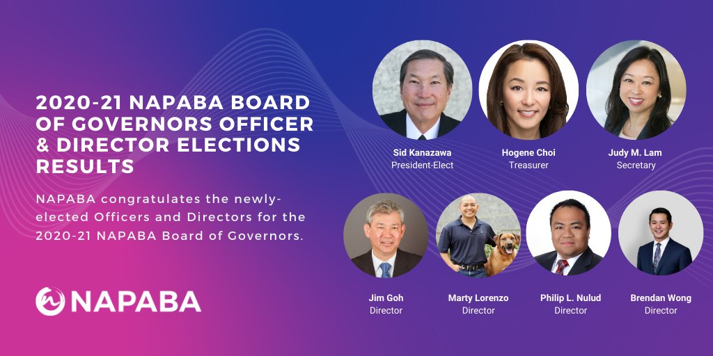 NAPABA's tweet photo. NAPABA congratulates the newly-elected Officers and Directors for the 2020-21 NAPABA Board of Governors. Board members will be sworn into office on November 7 during the NAPABA Virtual Experience. https://t.co/J4Rcc9TP7T