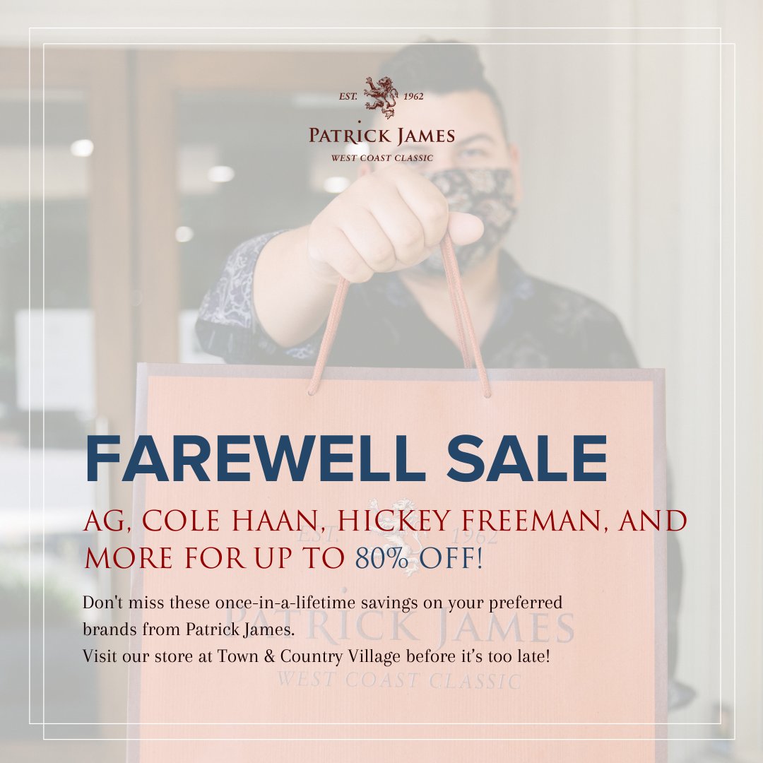 PatrickJamesInc's tweet image. After serving the Palo Alto community for over 40 years, we're closing our doors at @townandcountryvillage location. However, we want to give thanks with our FAREWELL SALE happening now!
#patrickjames #shoppatrickjames #storeclosing #paloalto #santaclara #sanjose #menlopark