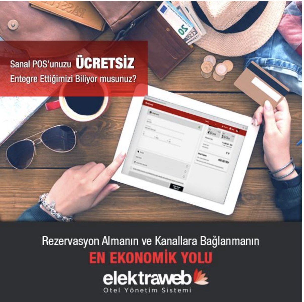 ElektraWEB ile sanal posunuzu entegre kullanabilirsiniz. Böylece web sitesinden aldığınız rezervasyonların ödemelerini kredi kartıyla direk hesabınıza alırsınız. Komisyon ödemeden beklemeden...