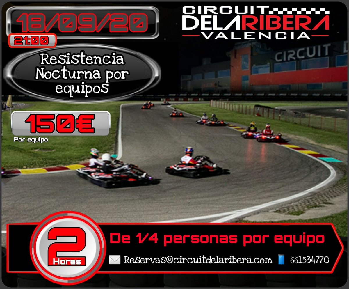 🌜2️⃣ Horas de Resistencia nocturna🌛
➖➖➖➖➖➖➖➖➖➖➖➖➖➖➖
🗓 18/Septiembre de 21:00 a 23:00
💵 150€ por equipo
📍Circuit de la Ribera
➖➖➖➖➖➖➖➖➖➖➖➖➖➖➖
  👨‍👩‍👧‍👦 Equipos de 1/4 pilotos.
🔸Categorías Master/Junior y +90kg
⬇️Inscripciones:
circuitdelaribera.com/es_ES/resisten…