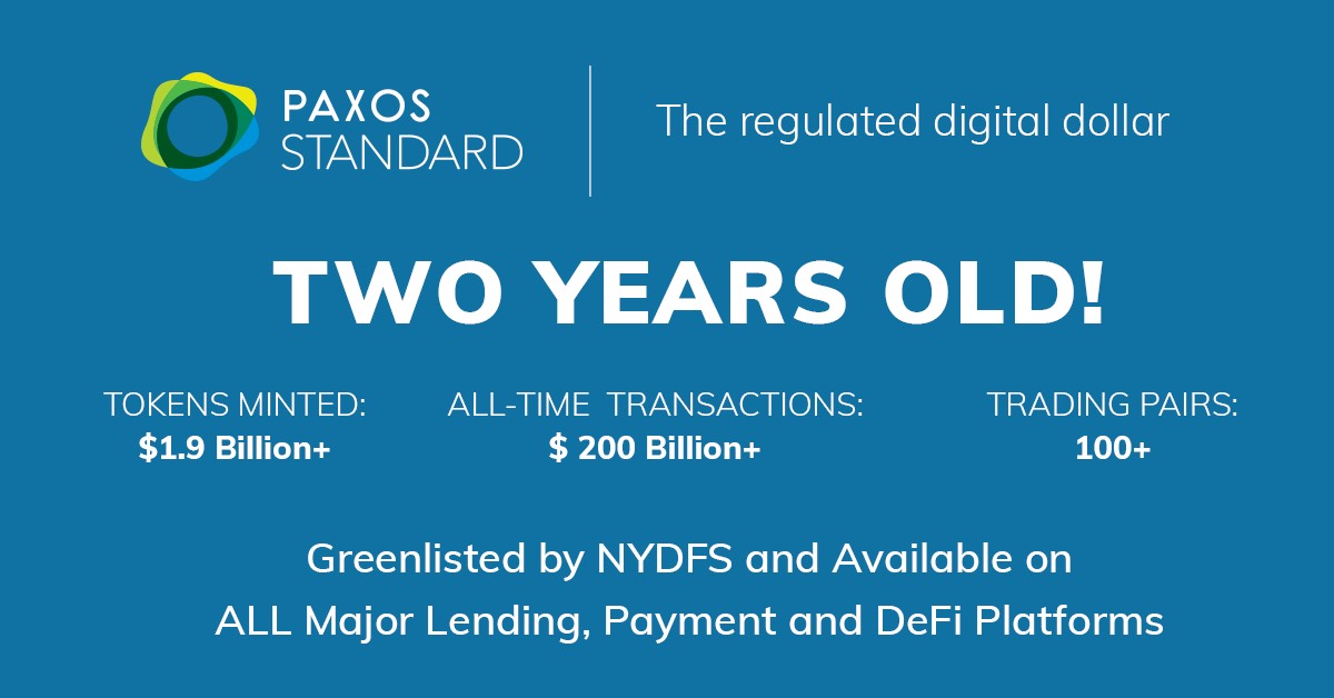 Today’s the 2nd anniversary of $PAX <a href="/PaxosStandard/">Paxos</a> - the 1st regulated USD-stablecoin. To date, more than $1.9B $PAX tokens have been issued and more than $200B transactions processed. $PAX is available globally across exchanges, wallets, DeFi platforms and more
#stablecoin