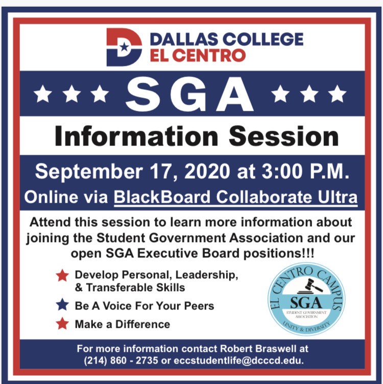 Join us on September 17, 2020 at 3:00PM to learn more about joining El Centro campus Student Government Association.
bit.ly/DCECCSGA