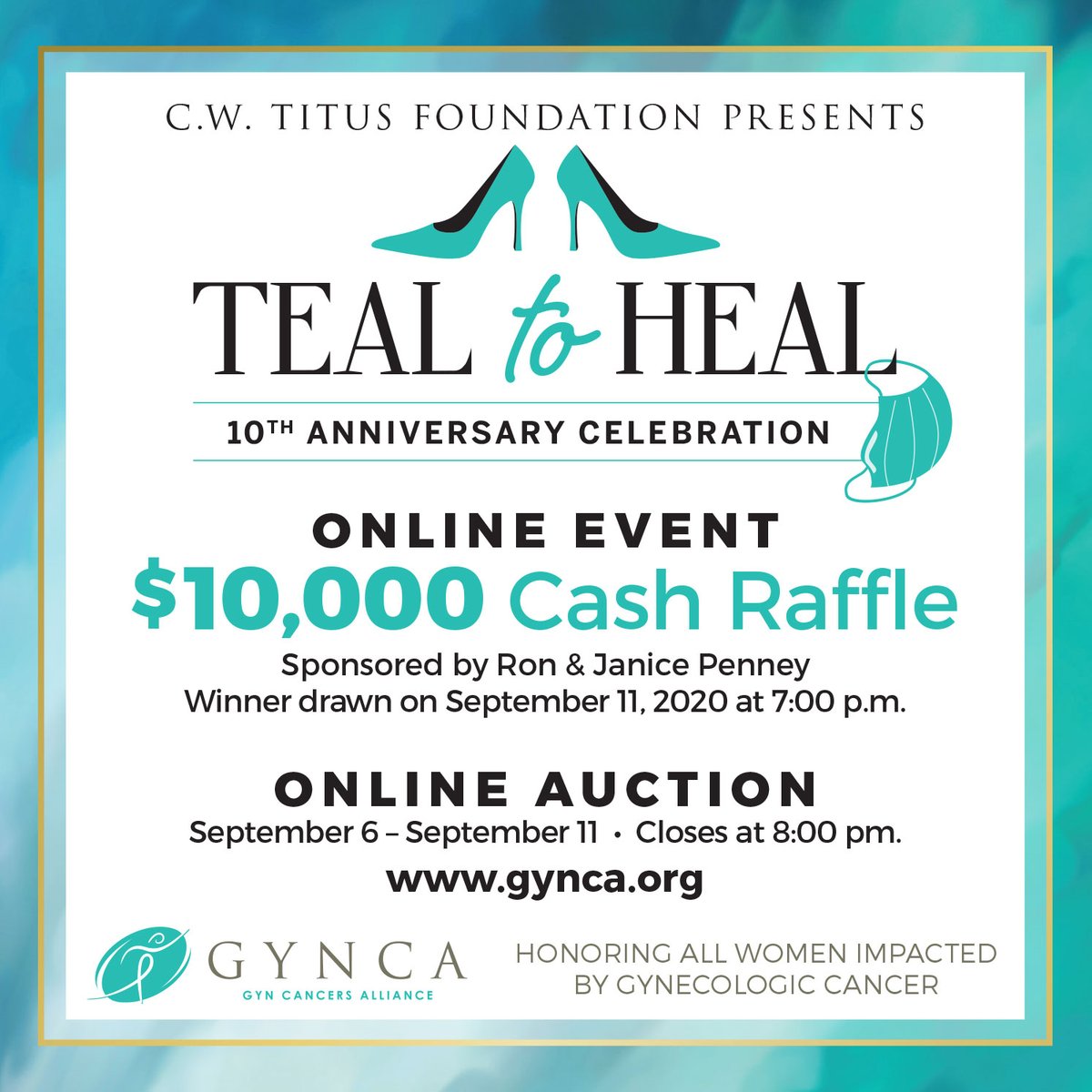 GYNCA's tweet photo. #10for10TealToHeal

~~~RAFFLE~~RAFFLE~~RAFFLE~~RAFFLE~~RAFFLE~~~

That's right, GYNCA's raffle is going until tomorrow!

Buy your tickets by 6:30pm tomorrow! Winner will be drawn live at 7pm!!!

All proceeds benefit women battling gynecologic cancers.

https://t.co/CV3SBU6Fvx https://t.co/MSLvocnDRc