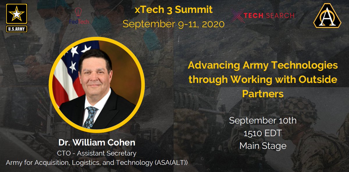 USARMYPIT's tweet photo. #HappeningNow @ #xTech3Summit
Dr. Bill Cohen, CTO, @ArmyASAALT, presents "Advancing @USArmy #Tech by Working with Outside Partners."
#WatchHere: https://t.co/NSzrFZjLt1 https://t.co/iNsxgfetb5