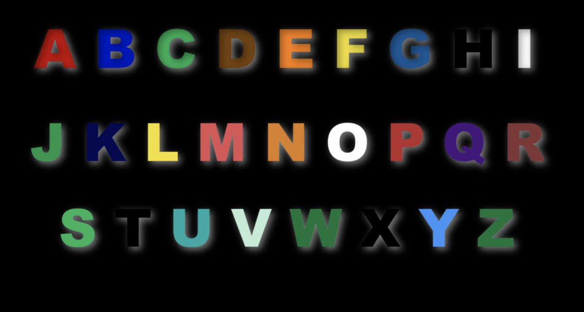 Here's an example of how I see the letters in my head! I've tried to get the colours as close as possible but the shades vary for me depending on the name and the other letters around it. But the background is always black